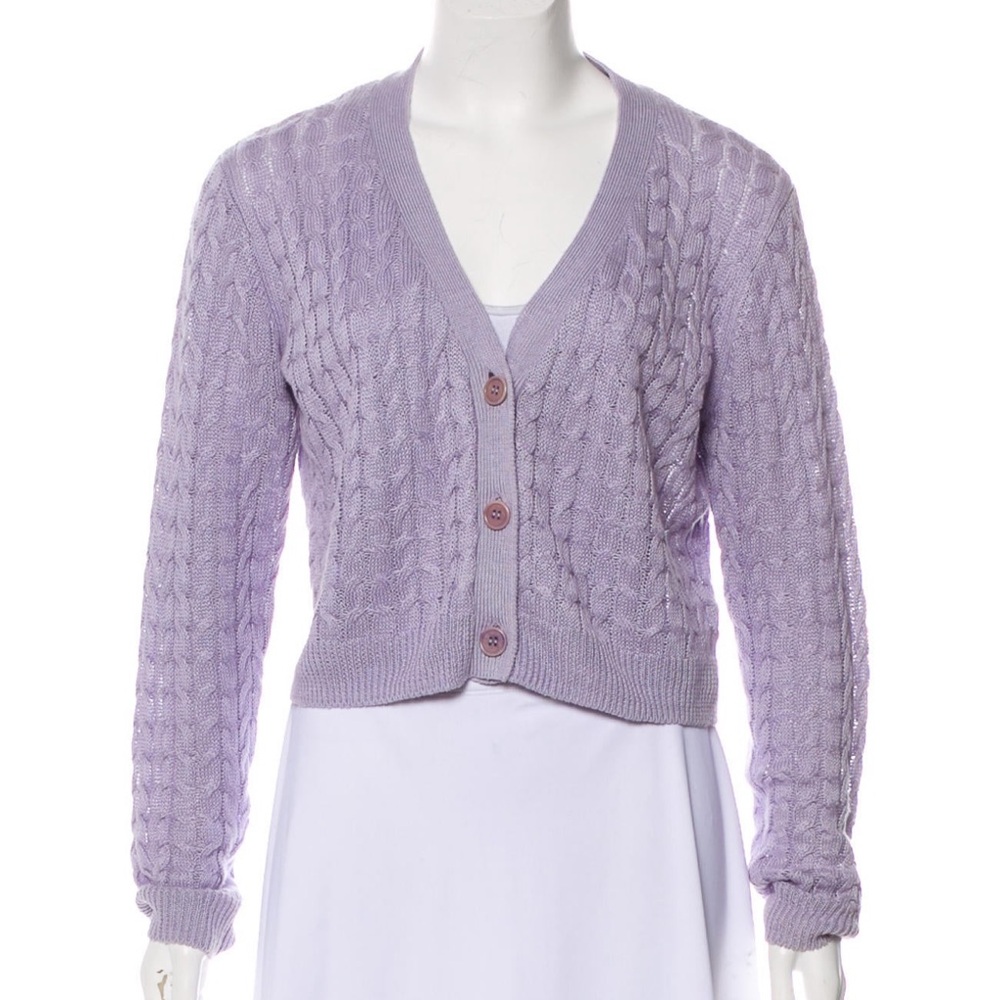 Reformation Annabelle 100% linen Lilac Cable Knit V-Neck Cardigan